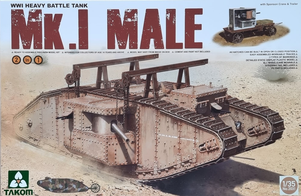 WWI Heavy Battle Tank Mk.I Male with Sponson Crane & Trailer
